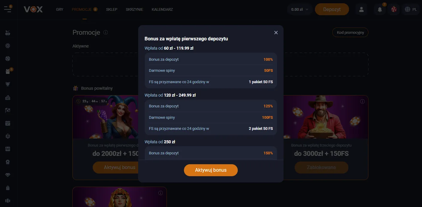 Warunki i zasady bonusów Vox Casino T&C