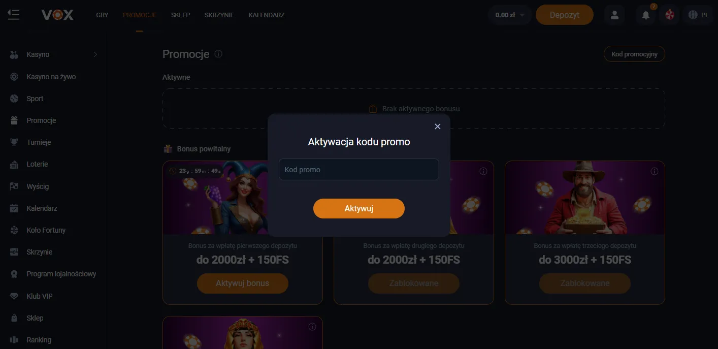 Bonus bez depozytu i darmowe spiny w Vox Casino